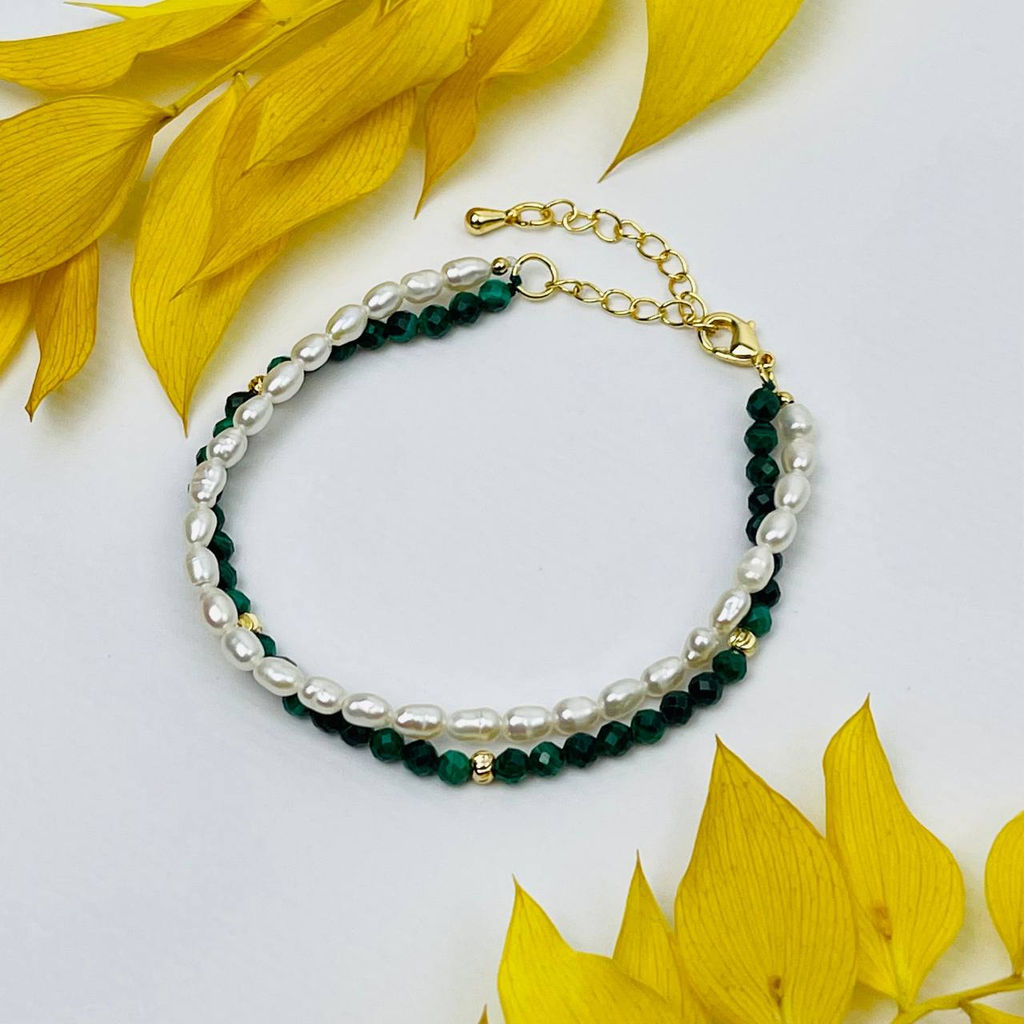 Браслет двойной из Малахита и Жемчуга 16 см +