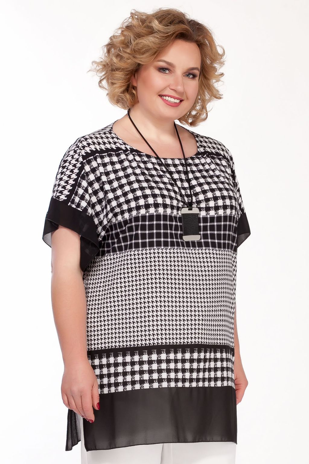 Костюм офисный с белыми брюками и туникой в клетку - Almond фото 2