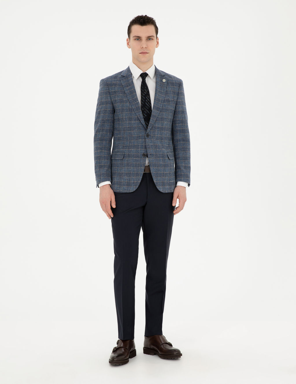 Lacivert Ex. Slim Fit Y_n Kar___ml_ Ekose Ceket