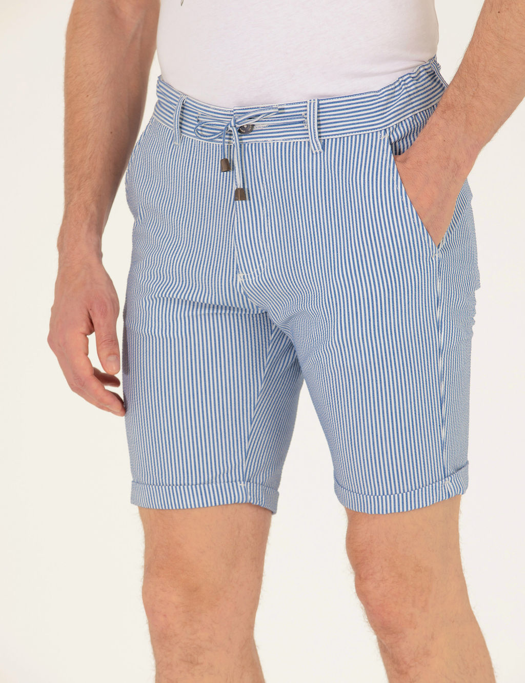 Koyu Mavi Slim Fit Beli Lastikli _izgili Ba_c_kl_ Bermuda _ort