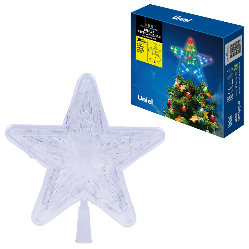 ULD-H2222-030/DTA MULTI STAR-1 Украшение светодиодное для ёлки Звезда-1, 22 см. 30 светодиодов. Разноцветный свет. Прозрачный провод. TM Uniel.