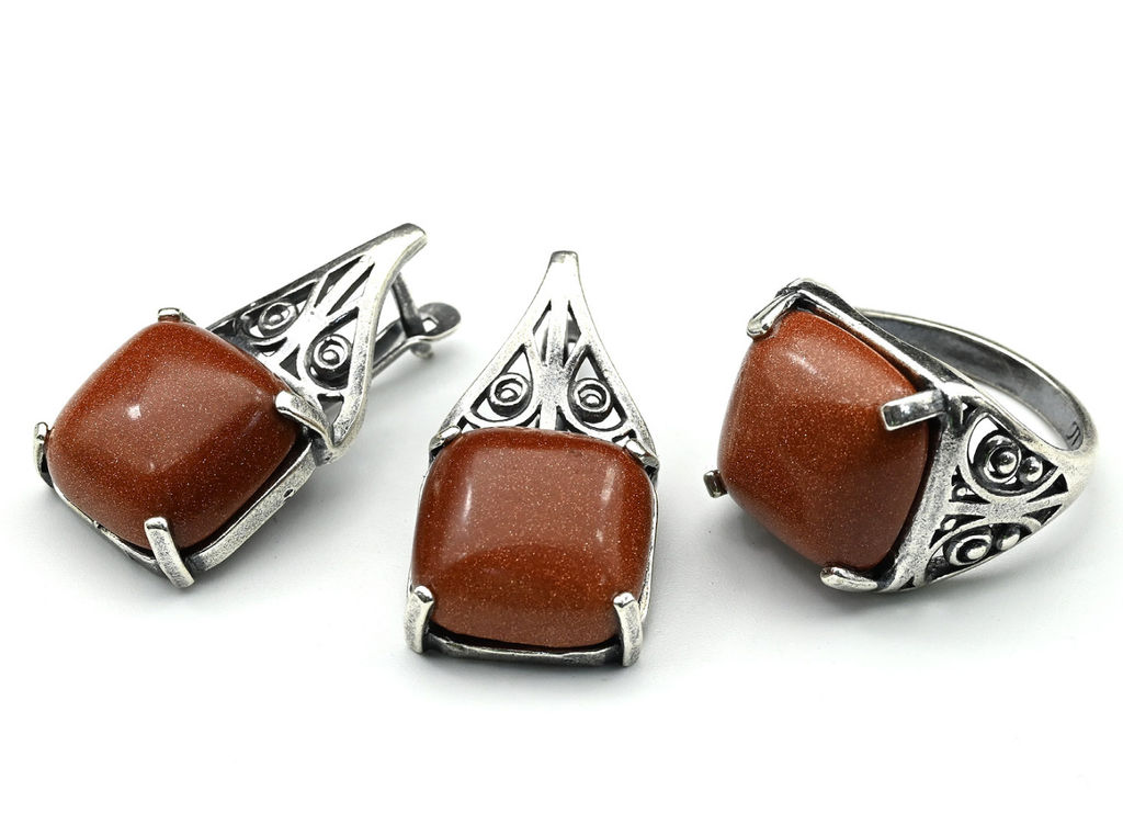 Кольцо Серьги авантюрин имитация размер 20.