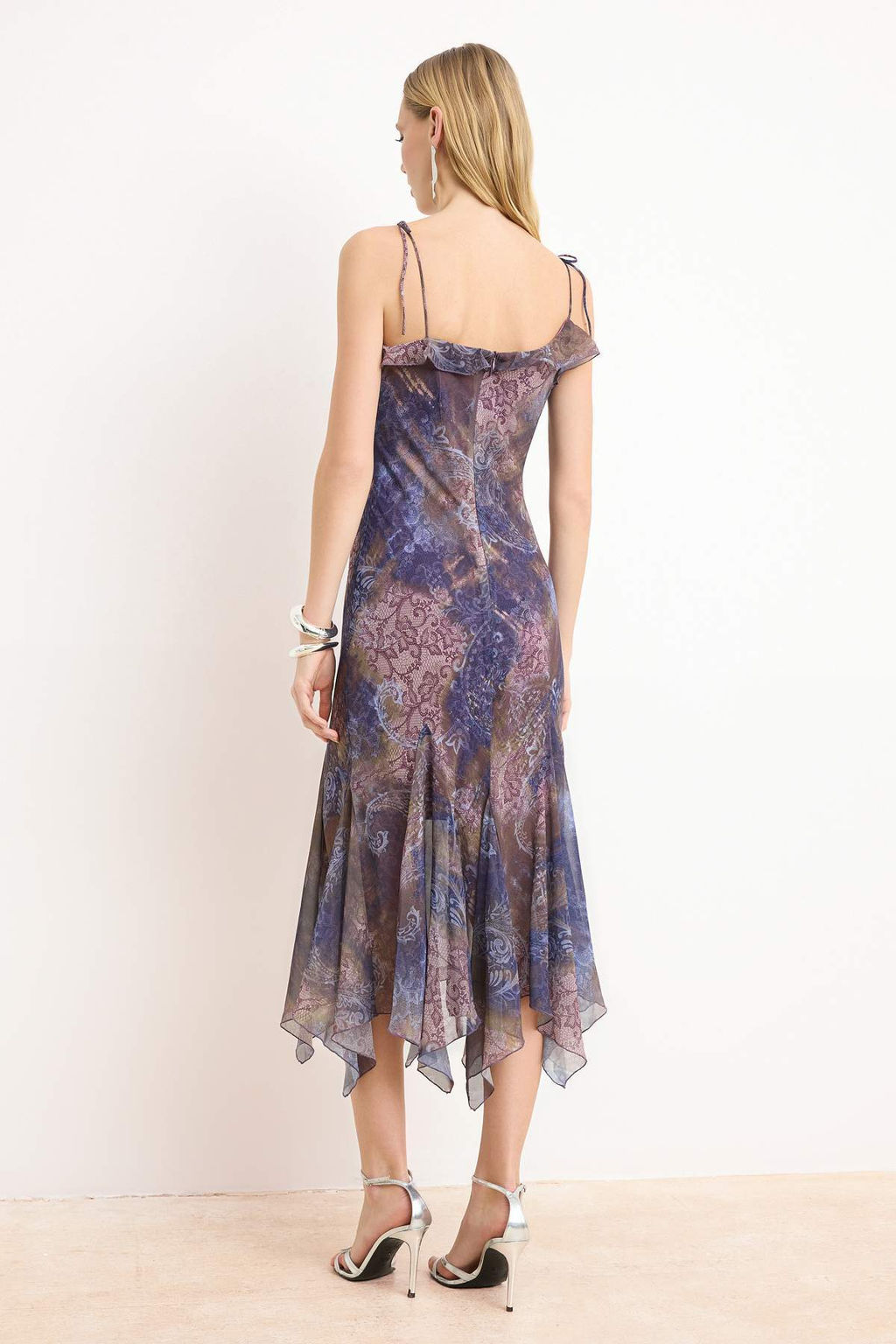 Mor-Cok Renkli Soyut Desen Sifon Midi Astarl? Party Elbise TPRSS26EL00072