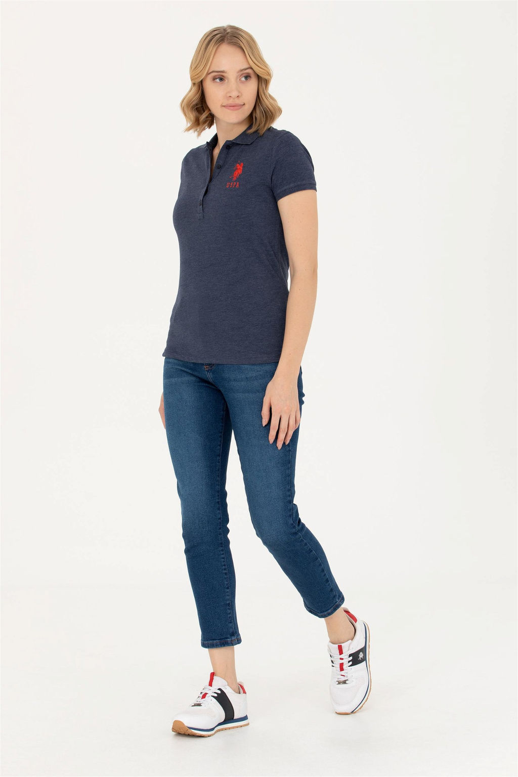 Женская темно-синяя базовая футболка с воротником-поло Неожиданная скидка в корзине - U.s. polo assn фото 4
