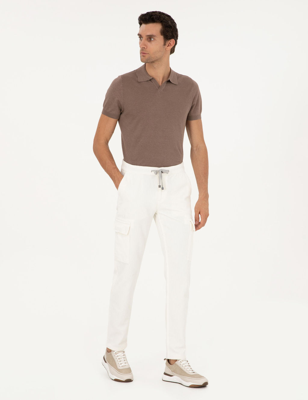 Beyaz Straight Fit Kadife Kargo Cepli %100 Pamuk Kanvas Pantolon