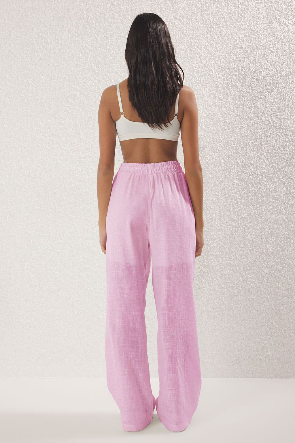 Ac?k Pembe Keten Gorunumlu Wide Leg/Genis Paca Sort Astarl? Beli Lastikli Pantolon TWOSS25PL00121