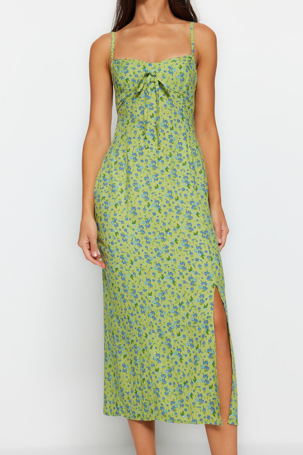 TRENDYOLMILLA Yesil Cicek Desenli Duz Kesim Y?rtmac Detayl? Viskon Midi Dokuma Elbise TWOSS23EL02085 фото 11