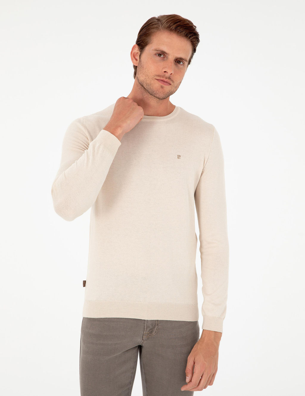 Bej Slim Fit Bisiklet Yaka Basic Triko Kazak - Pierre cardin фото 3