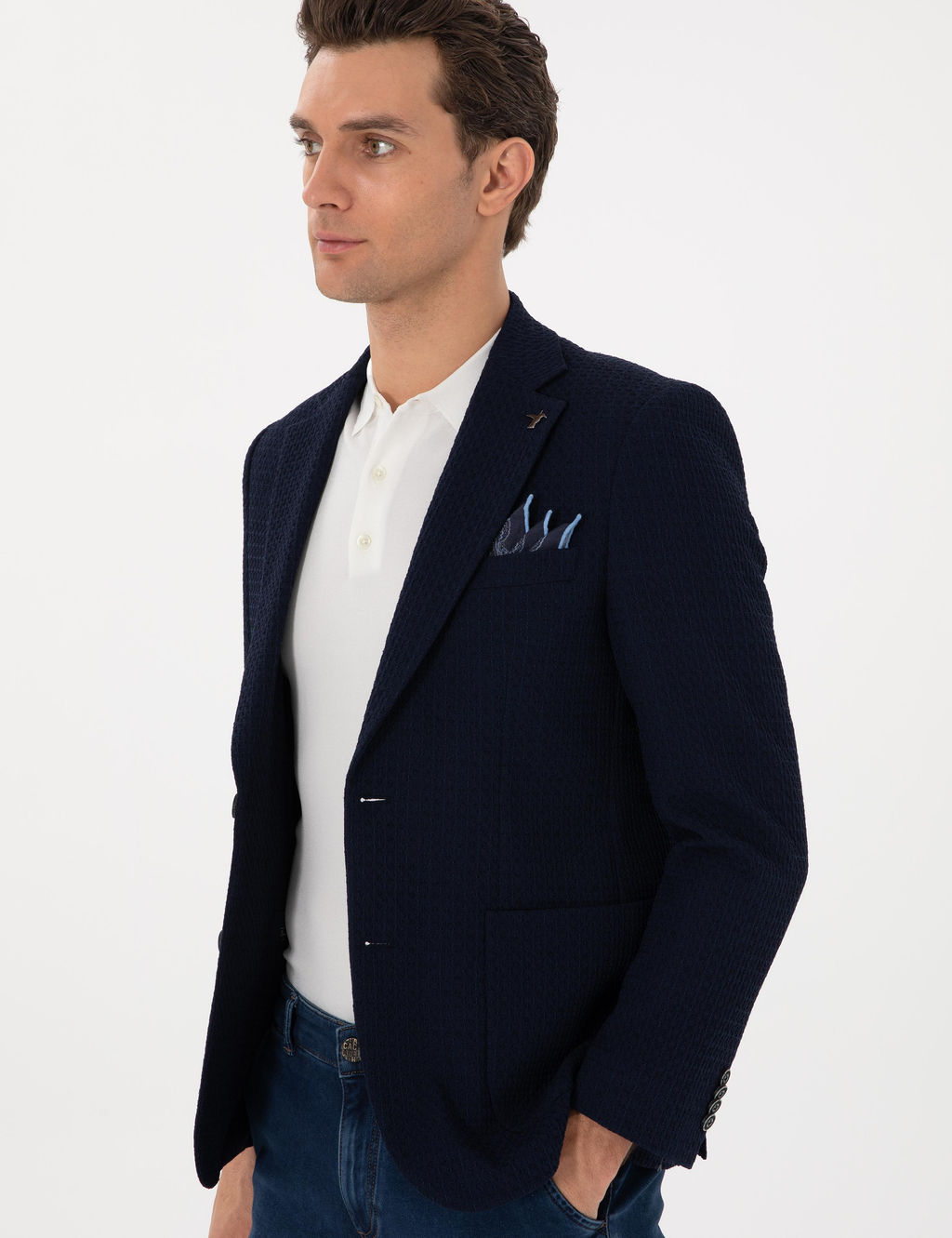 Lacivert Slim Fit Dokulu Y_n Kar___ml_ Ceket