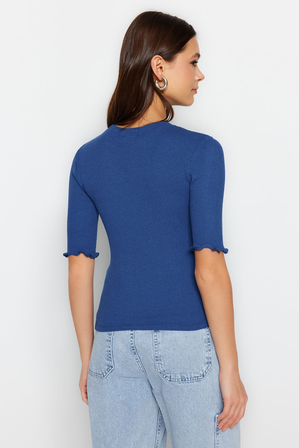 Saks Fitilli Fitted/Vucuda Oturan Bisiklet Yaka Esnek Orme Bluz TWOSS23BZ00025