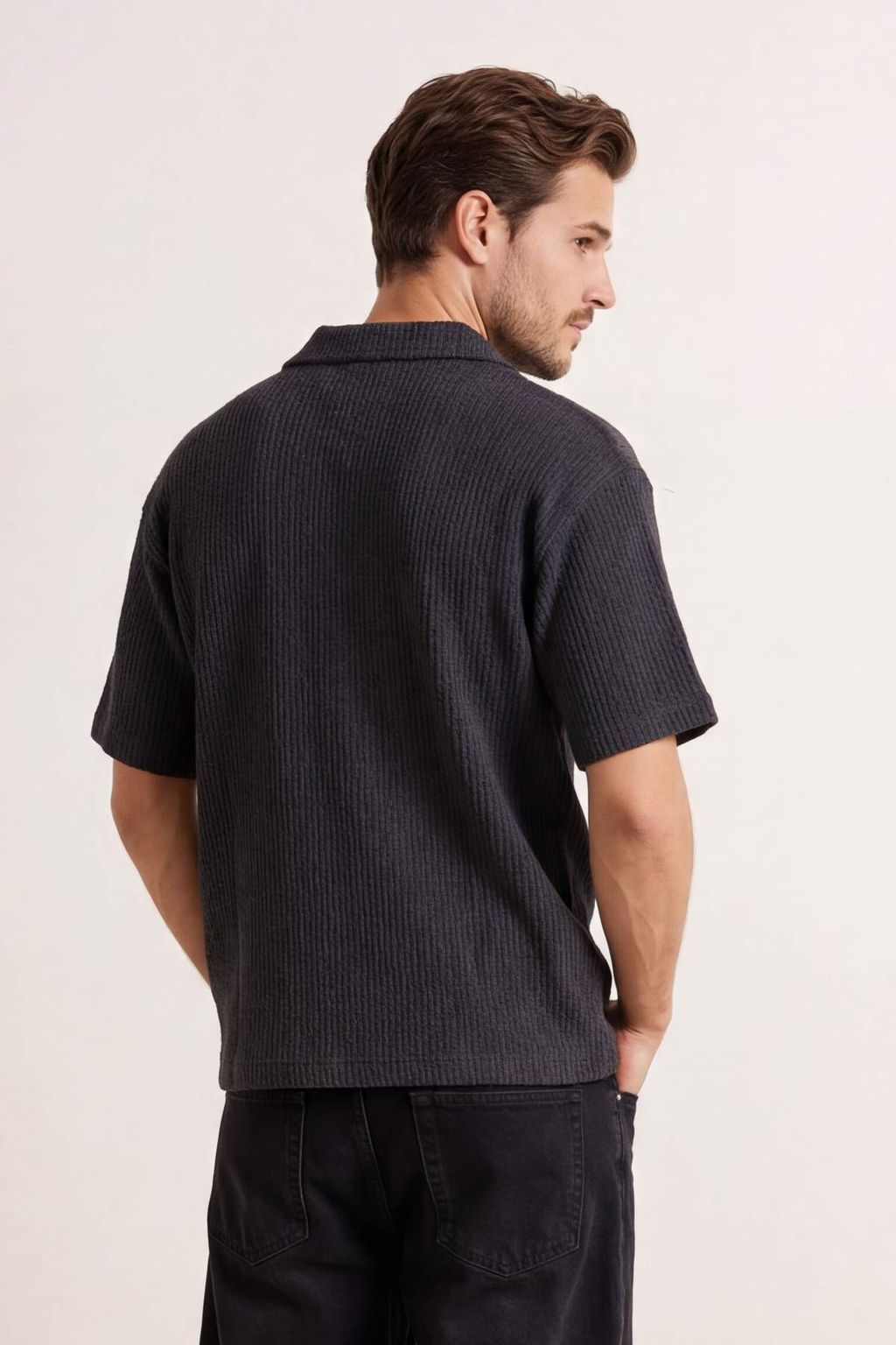 Siyah Oversize Polo Yaka Duz Polo Yaka T-shirt TMNSS25PO00045