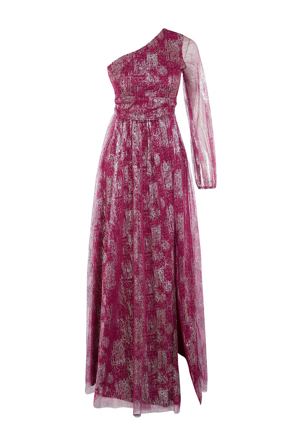 TRENDYOLMILLA Bordo-Cok Renkli A-Kesim Tek Omuz Dokuma Tul Uzun S?k Abiye Elbise TPRSS24AE00249