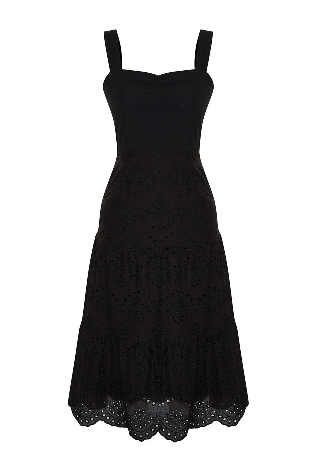 Siyah Belden Ac?lan Midi Brode Astarl? Dokuma Elbise TWOSS23EL00156