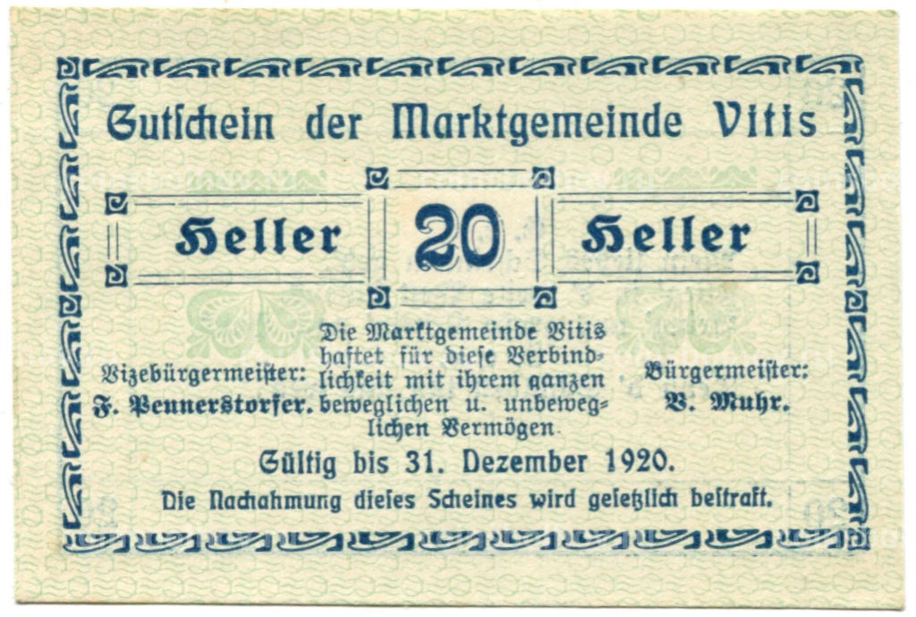 20 геллеров 1920 года Австрия Витис (нотгельд)