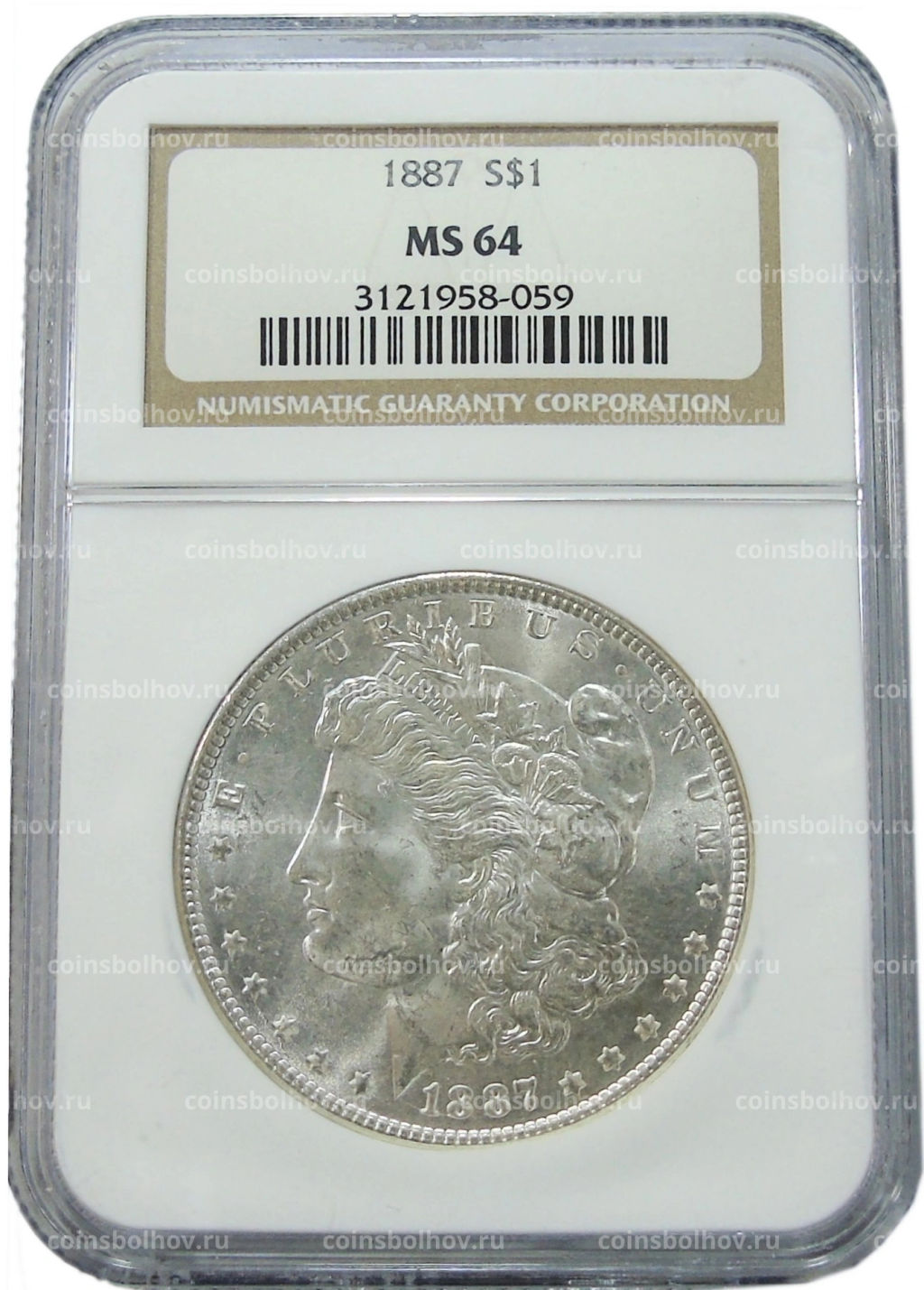 1 доллар 1887 года США Доллар Моргана (в слабе NGC MS 64)