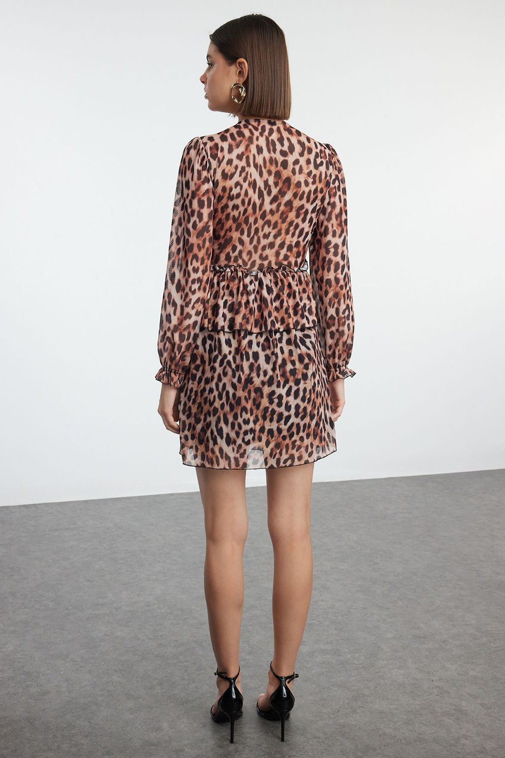 Kahverengi Animal F?rf?r Detayl? A Line/Can Kesim Balon Kol Mini Orme Elbise TWOAW25EL00226 - Trendyolmilla фото 5