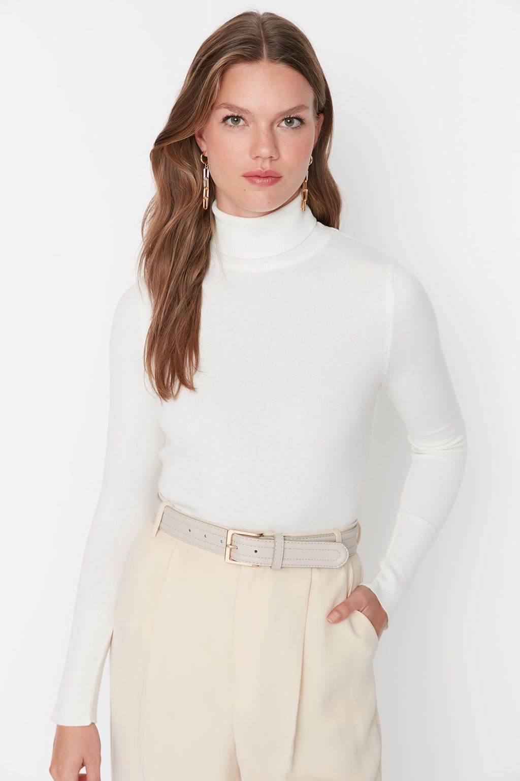Ekru Merserize Gorunumlu Crop Premium Iplik / Ozel Iplik Basic Triko Kazak TWOAW23KZ01514