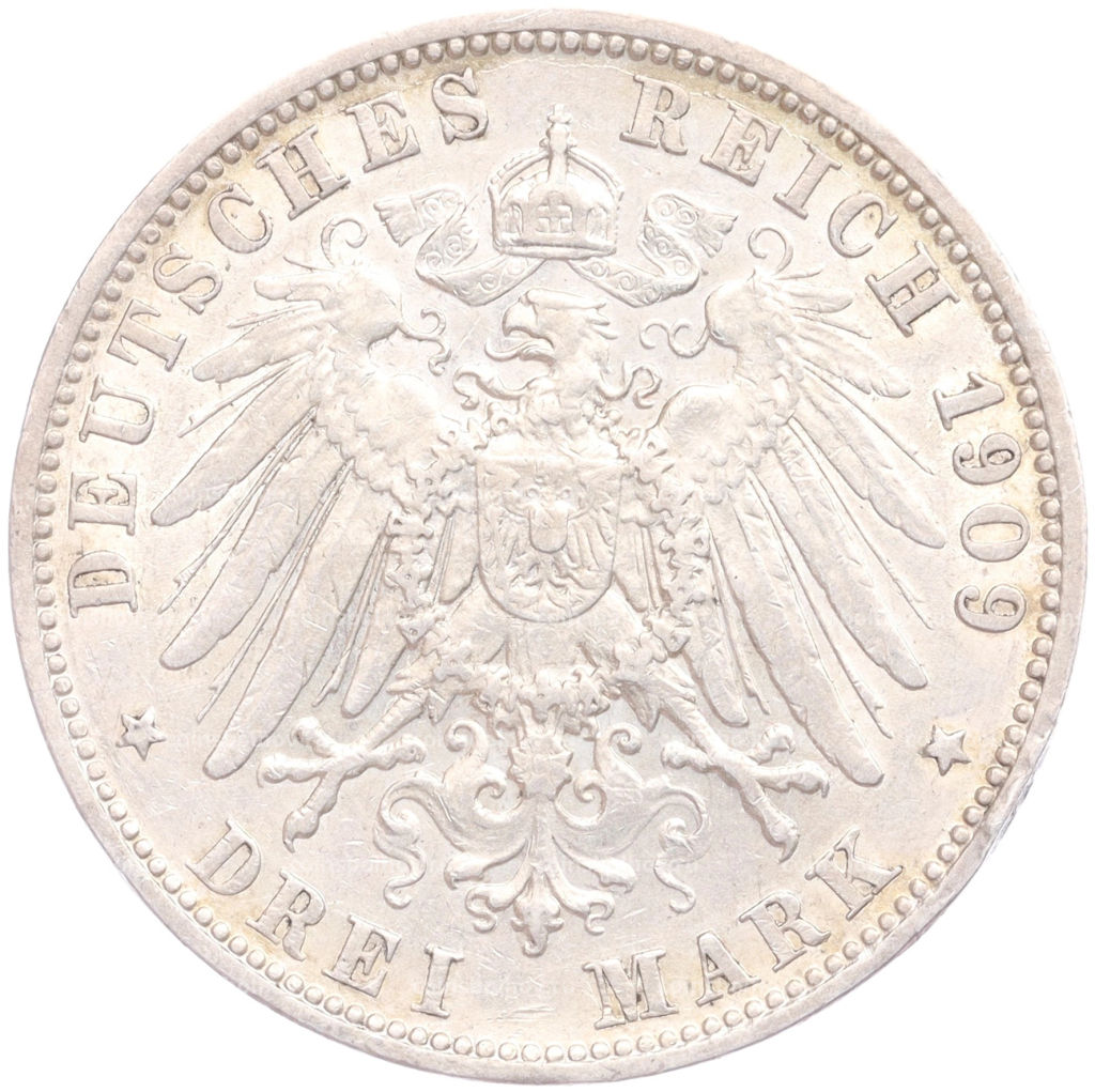 Монета 3 марки 1909 года F Германия (Вюртемберг)