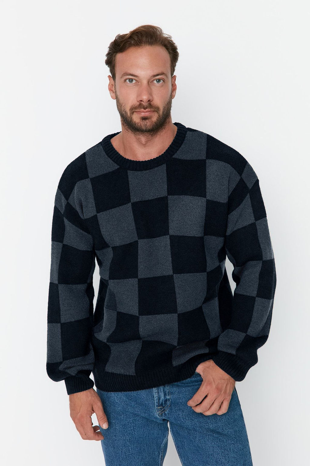 TRENDYOL MAN Lacivert Erkek Oversize Bisiklet Yaka Ekose / Kareli Triko Kazak TMNAW23KZ00279 - Trendyolmilla фото 10