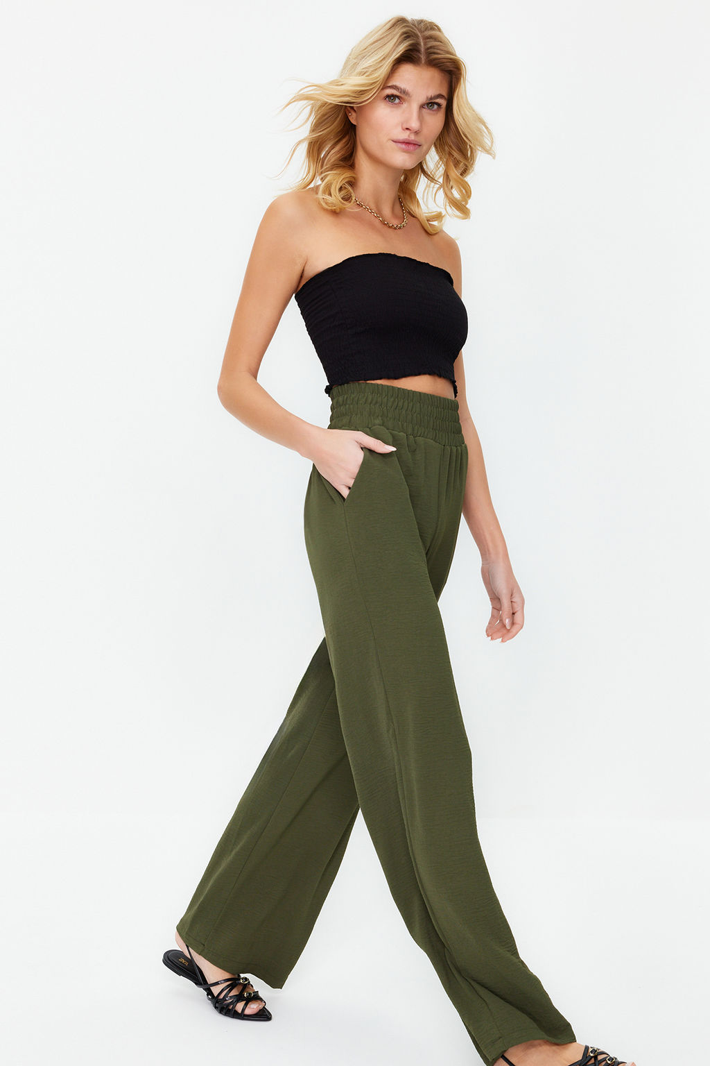 Haki Wide Leg/Genis Paca Beli Lastikli Dokuma Pantolon TWOSS22PL00024