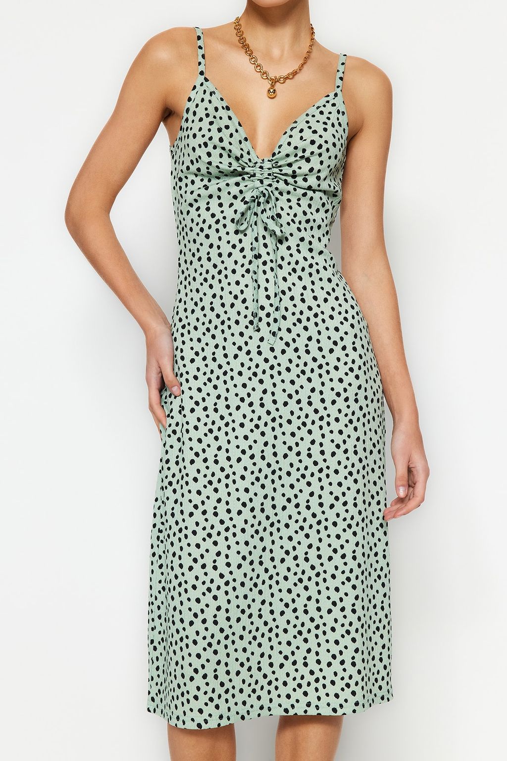 Mint Puantiye Bask?l? Burumcuk Belden Ac?lan/Skater Ask?l? Midi Orme Elbise TWOSS23EL01454