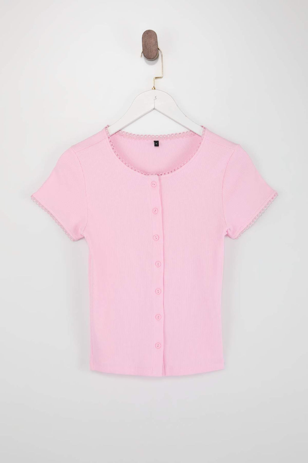 Pembe Dugmeli Vucuda Oturan Bisiklet Yaka K?sa Kol Fitilli Esnek Orme Bluz TWOSS25BZ00548