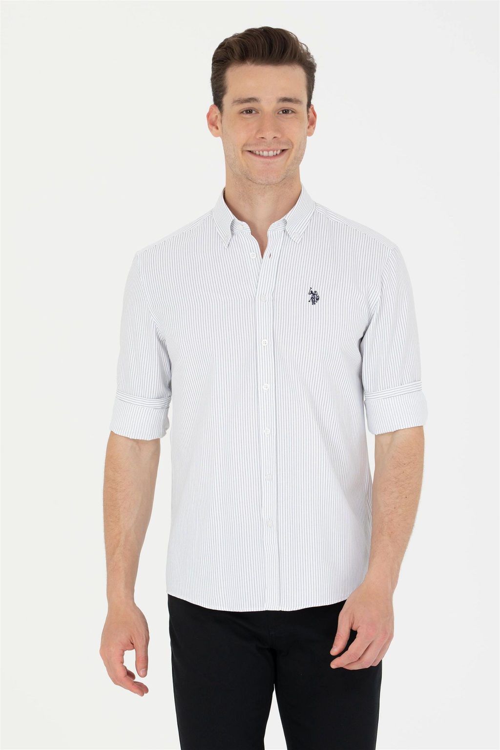 Мужская белая рубашка в темно-синюю полоску Неожиданная скидка в корзине - U.s. polo assn фото 3