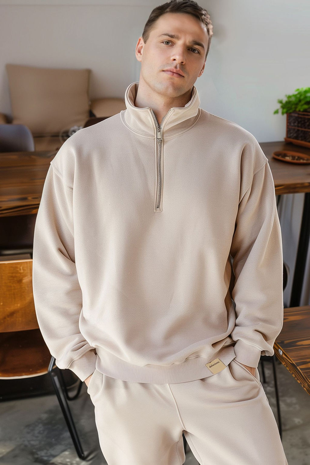 TRENDYOL MAN Lacivert Oversize/Genis Kesim Dik Yaka Fermuarl? Etiketli Ici Polarl? Sweatshirt TMNAW25SW00168
