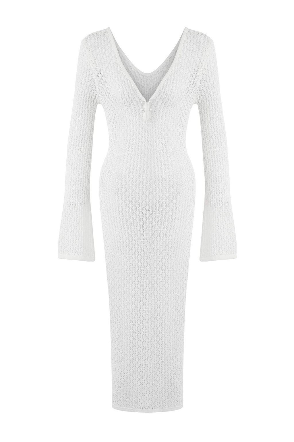 Ekru Triko Maxi Derin V Yaka Plaj Elbisesi TBESS25EL00151