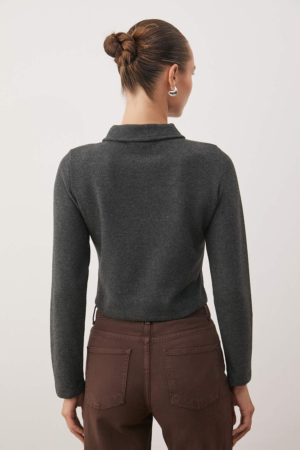 Antrasit Melanj Dugmeli Polo Yaka Crop Esnek Orme Bluz TWOAW26BZ00272
