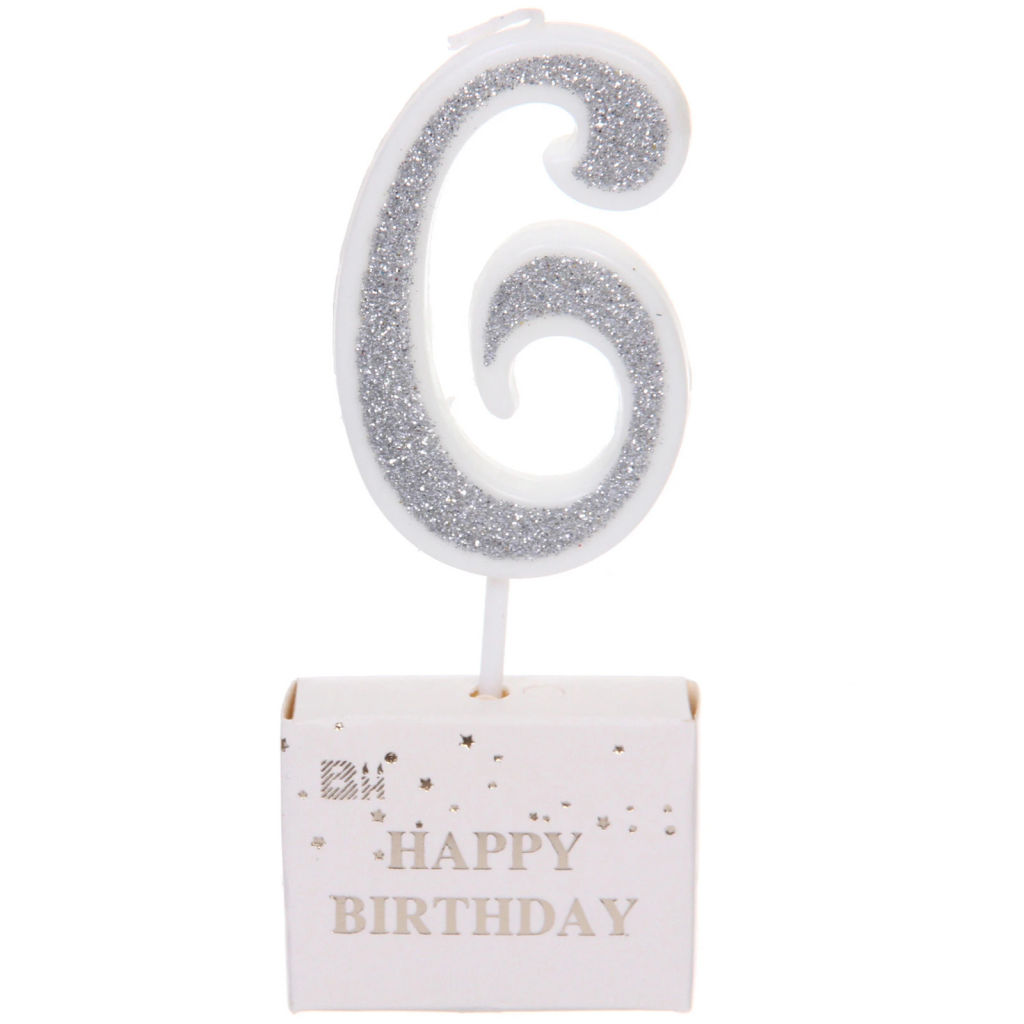 Цена за 10 шт. Свеча для торта Цифра Иллюзия "6" 9,5 см, серебро