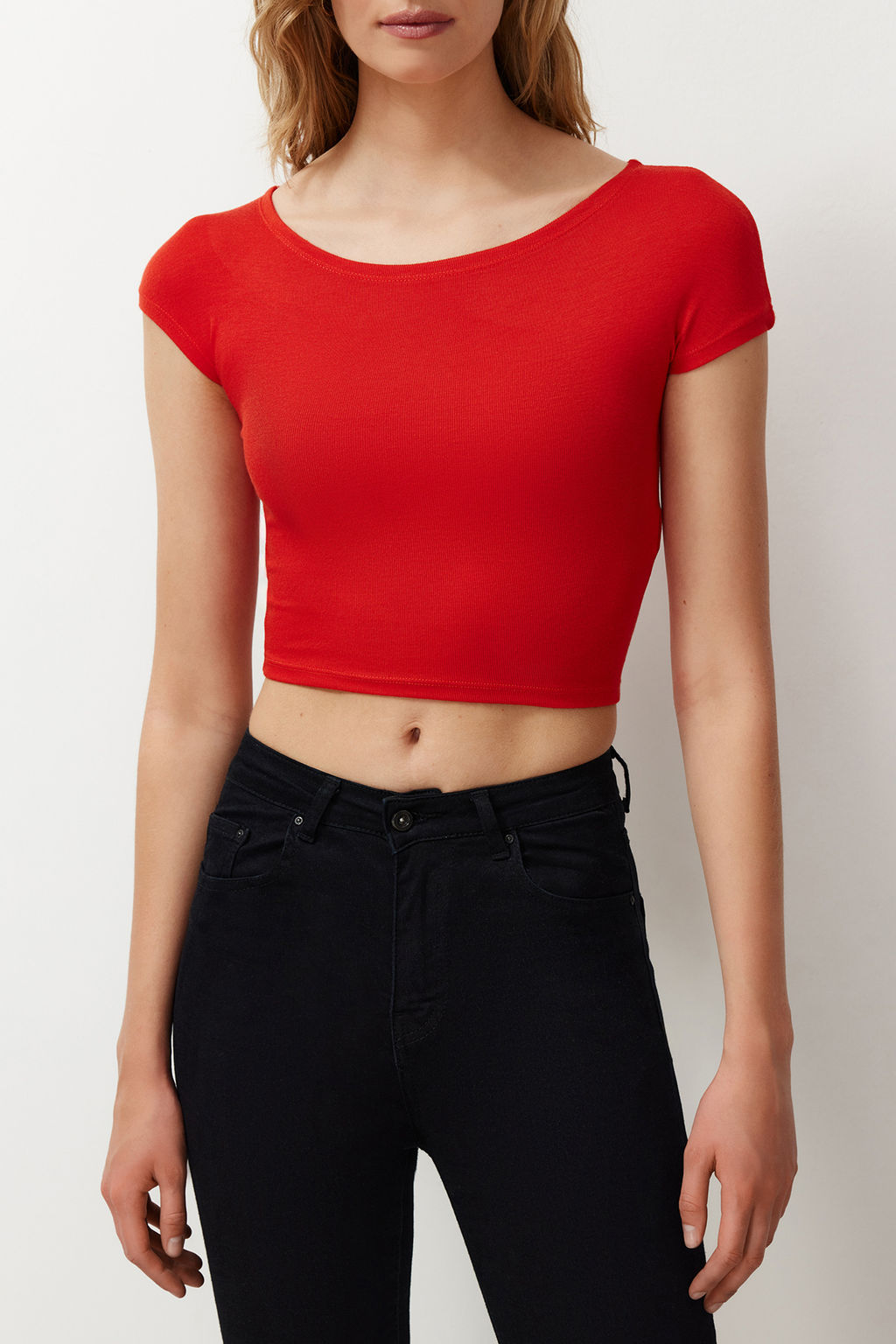 K?rm?z? Bisiklet Yaka Ay Kol Crop Orme Bluz TWOSS24BZ00446