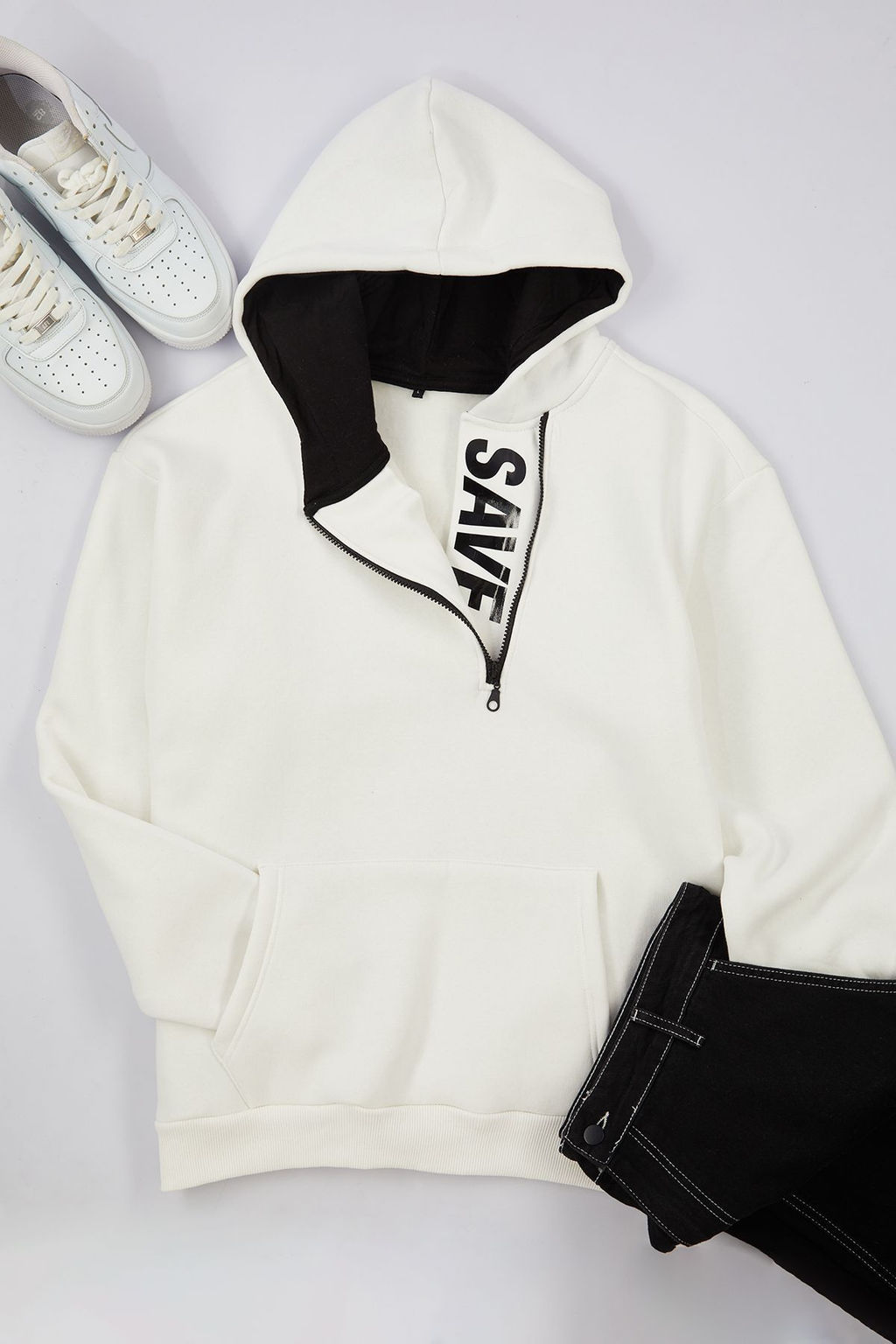 TRENDYOL MAN Ekru Oversize/Genis Kesim Fermuar Ici Yaz? Bask?l? Polarl? Kapusonlu Sweatshirt TMNAW25SW00074 - Trendyolmilla фото 2