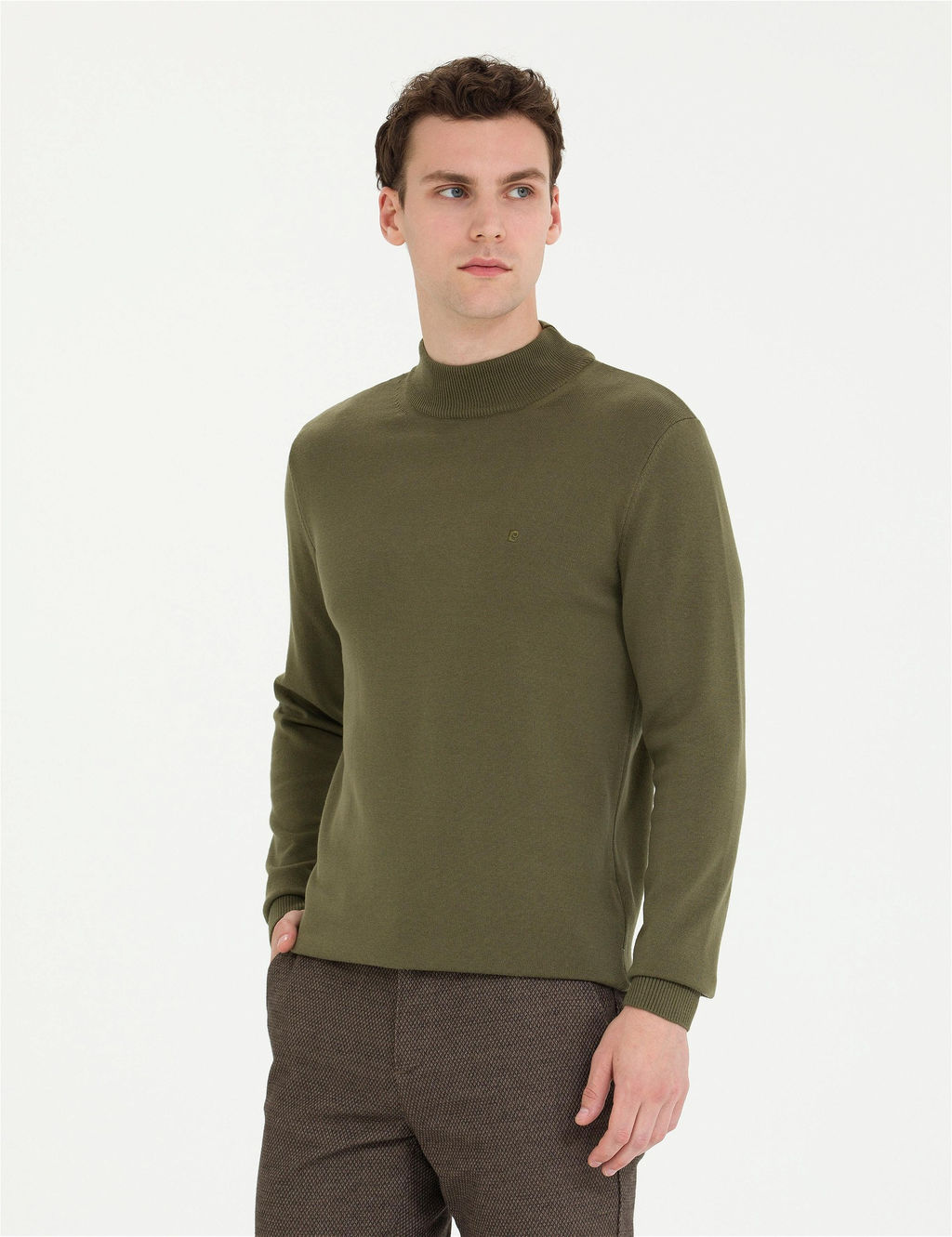 Koyu Haki Slim Fit Yar_m Bal_k__ Yaka Basic Triko Kazak