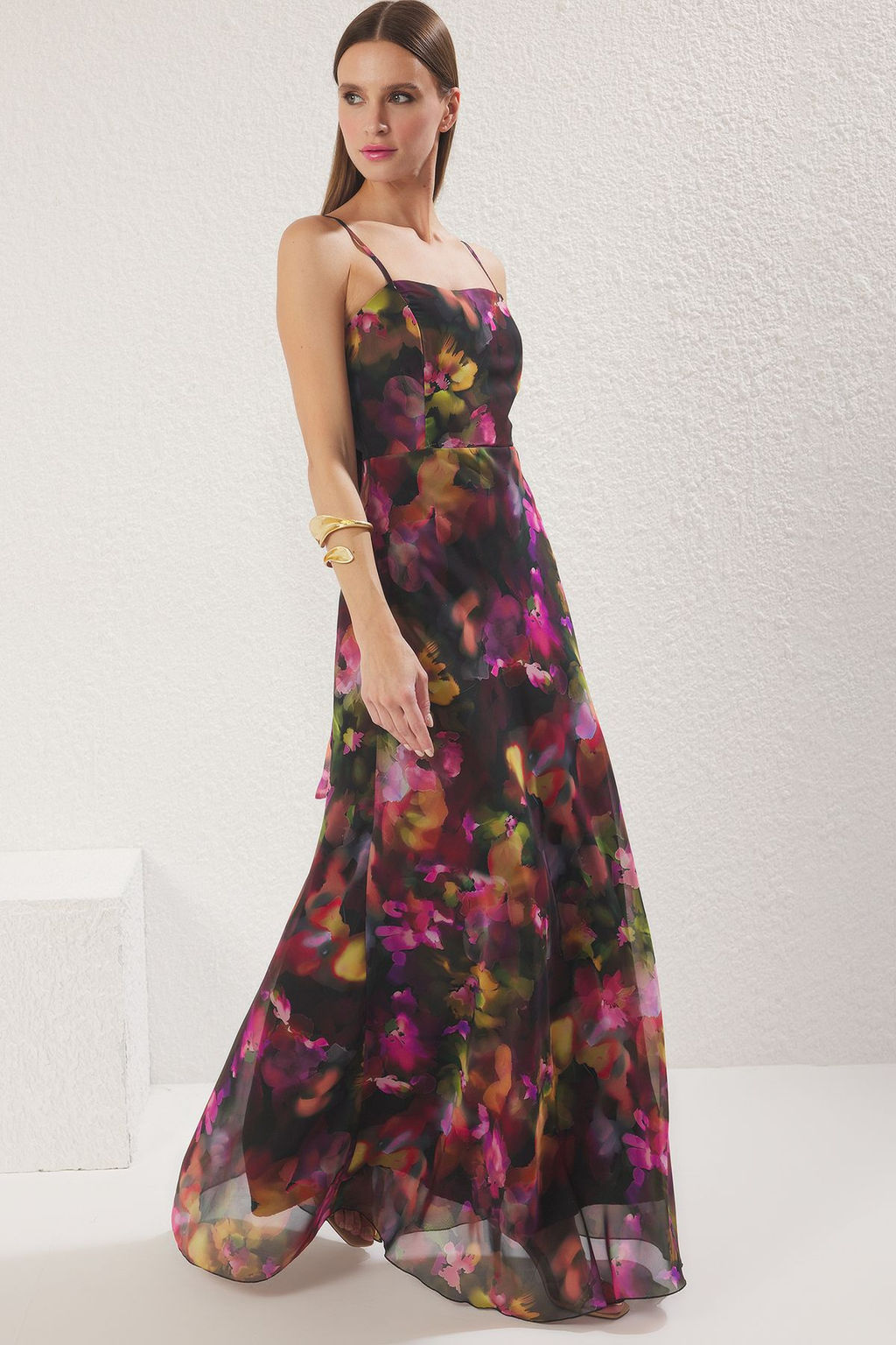 TRENDYOLMILLA Cok Renkli A-Kesim Fiyonklu Astarl? Sifon Dokuma Uzun S?k Abiye & Mezuniyet Elbise TPRSS25AE00152  фото 11