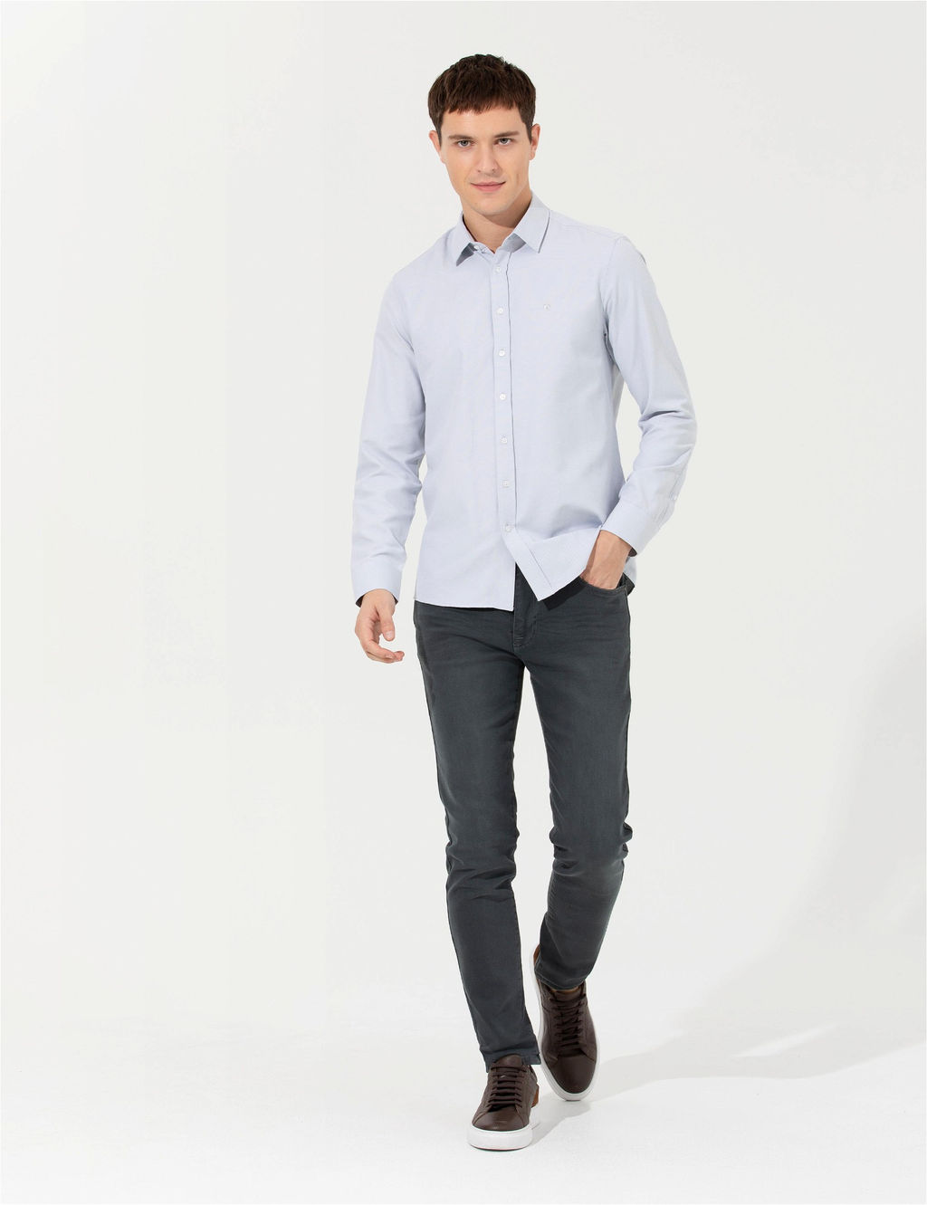 Gri Slim Fit Oxford G_mlek