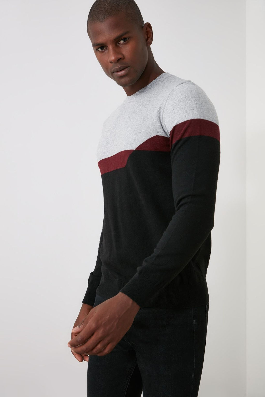 Trendyolmilla Man Gri Slim Dar Kesim Bisiklet Yaka Renk Bloklu Triko Kazak TMNAW21KZ1793  фото 7