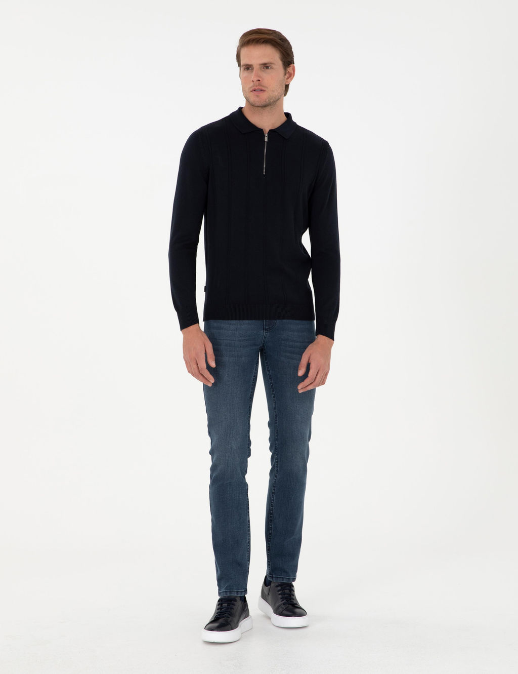 Lacivert Slim Fit Fermuarl_ Polo Yaka Triko Kazak - Pierre cardin фото 4