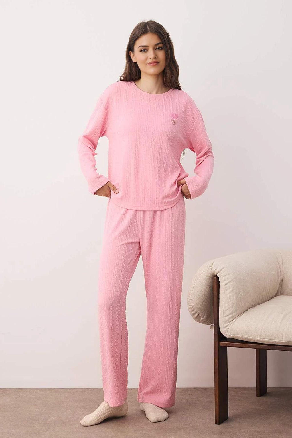 Pembe Kalp Nak?sl? Fitilli Yumusak Tuse K?sl?k Orme Pijama Tak?m? THMAW26PT00094 - Trendyolmilla фото 2