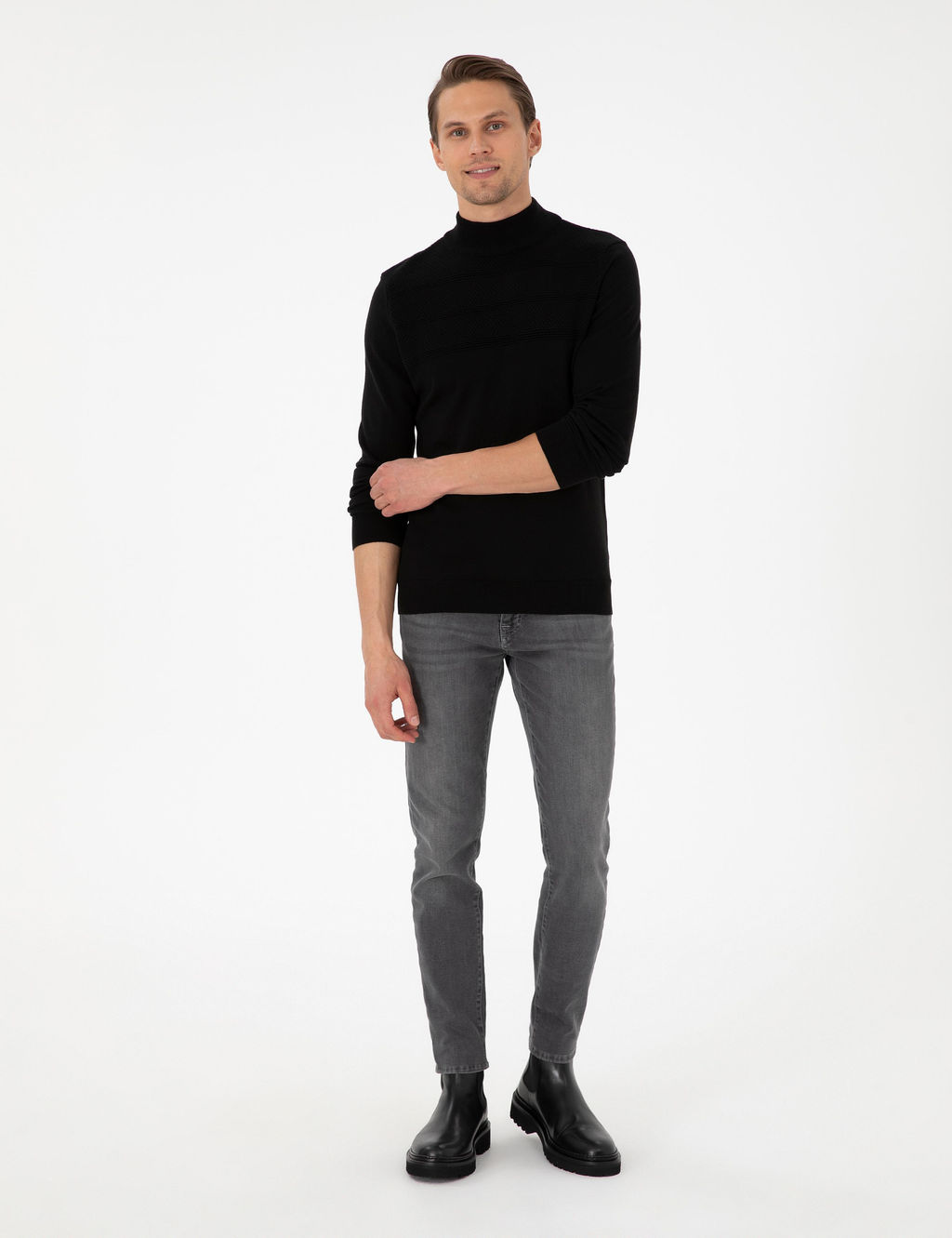 Siyah Slim Fit Yar_m Bal_k__ Yaka Triko Kazak - Pierre cardin фото 4