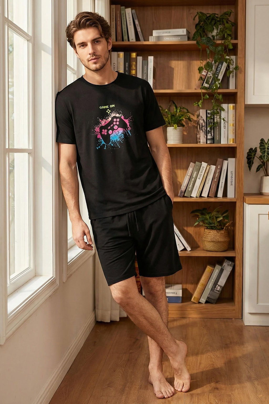 TRENDYOL MAN Siyah Regular Fit Game Bask?l? Orme Sortlu Pijama Tak?m? TMNSS25PT00075 - Trendyolmilla фото 5