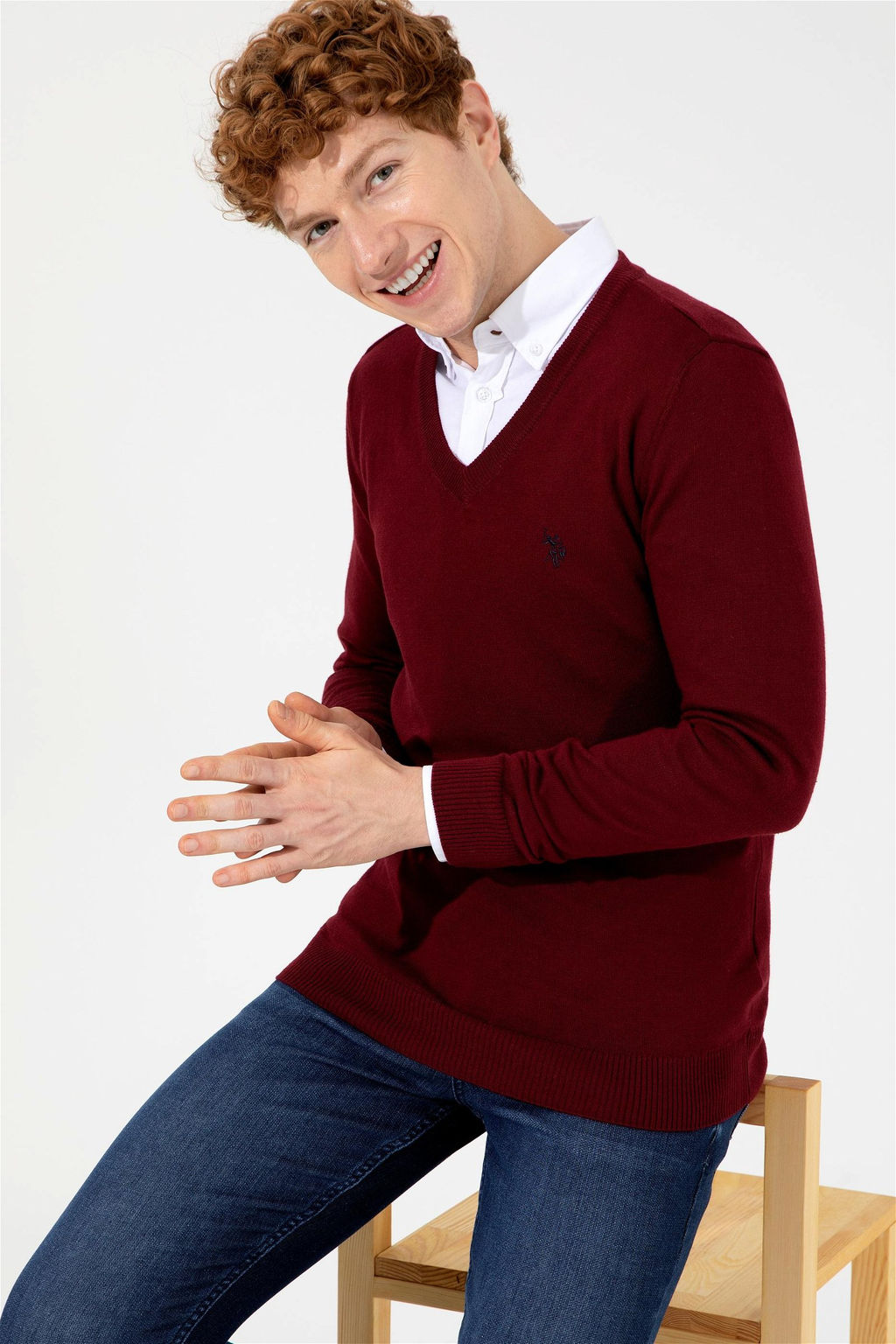 U. S. Polo Assn Мужской базовый трикотажный свитер бордового цвета с v-образным вырезом - U.s. polo assn фото 9