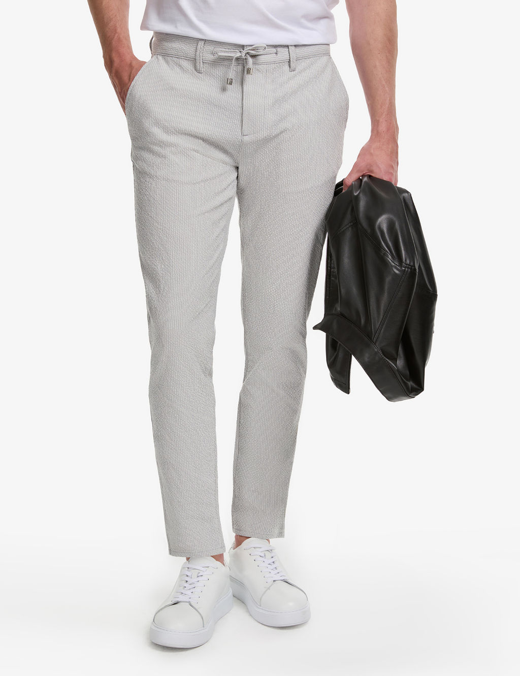 Gri Slim Fit Gofre Yazl_k Kanvas Pantolon