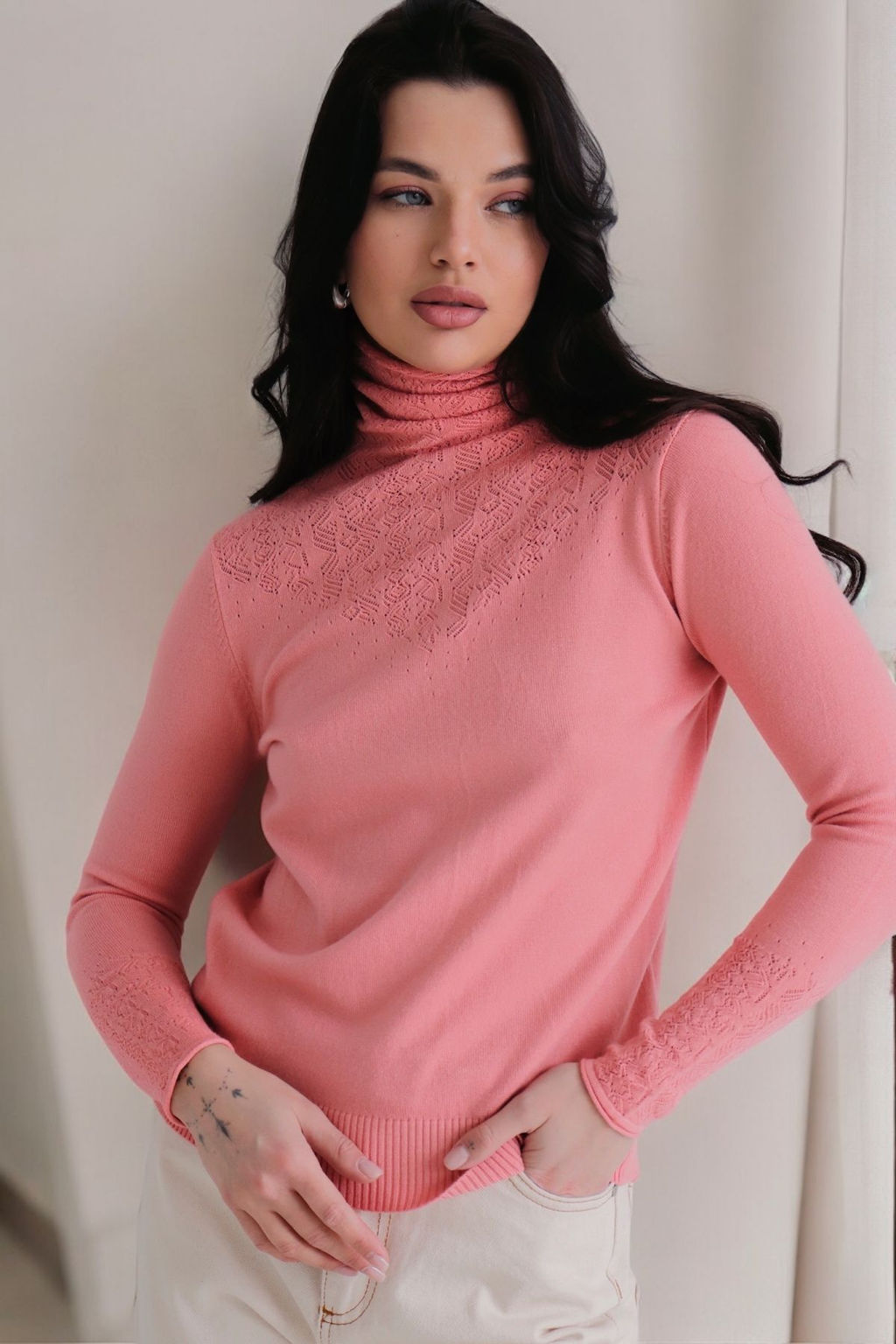 12199 Свитер с ажурной кокеткой розовый - Martichelli фото 12