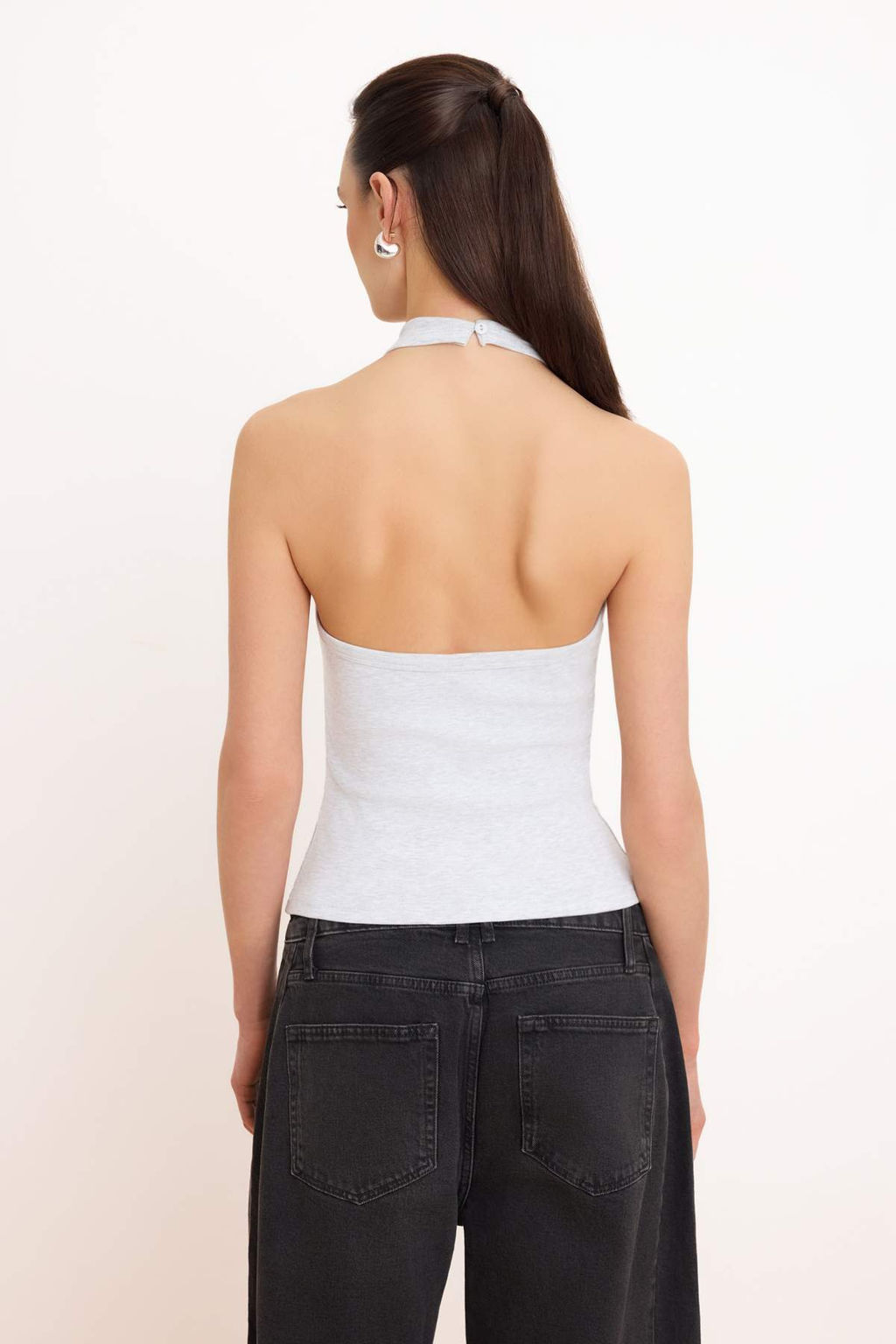 Gri Melanj Fitted/Vucuda Oturan Degaje Yaka Kolsuz Pamuk Ribana Orme Bluz TWOSS26BZ00630 - Trendyolmilla фото 4