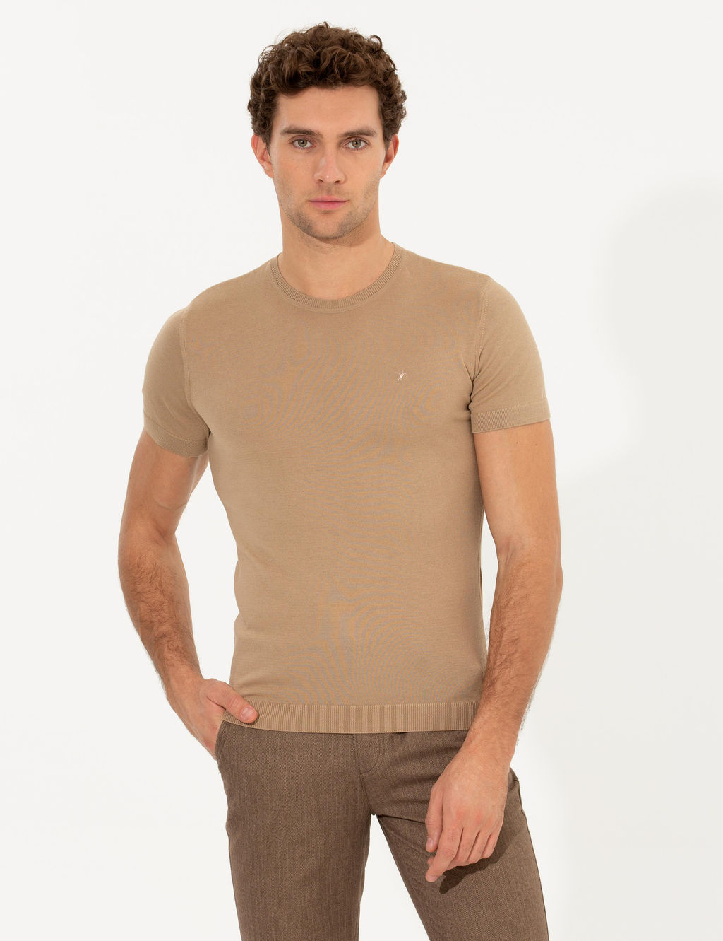 Bej Slim Fit Bisiklet Yaka Triko T-shirt