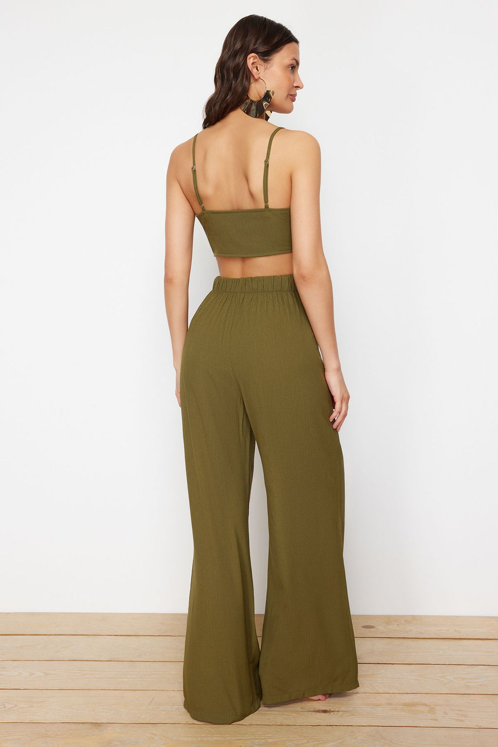 Haki Dokuma Baglama Detayl? Plaj Yuksek Bel Bluz-Pantolon Tak?m TBESS22AU0108 - Trendyolmilla фото 6