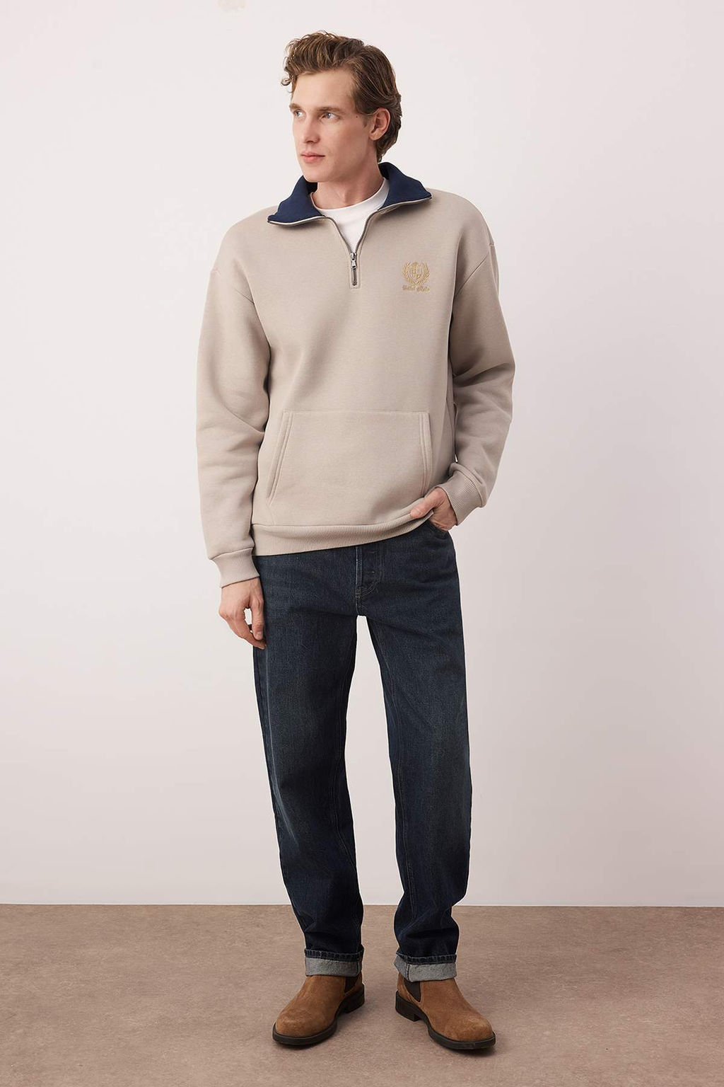 Gri Oversize Dik Yaka Fermuarl? Ici Polarl?/S?cak Tutan Nak?sl? Sweatshirt TMNAW25SW00081