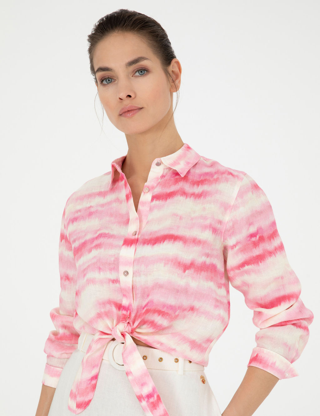 Pembe Crop Top Uzun Kollu Keten G_mlek