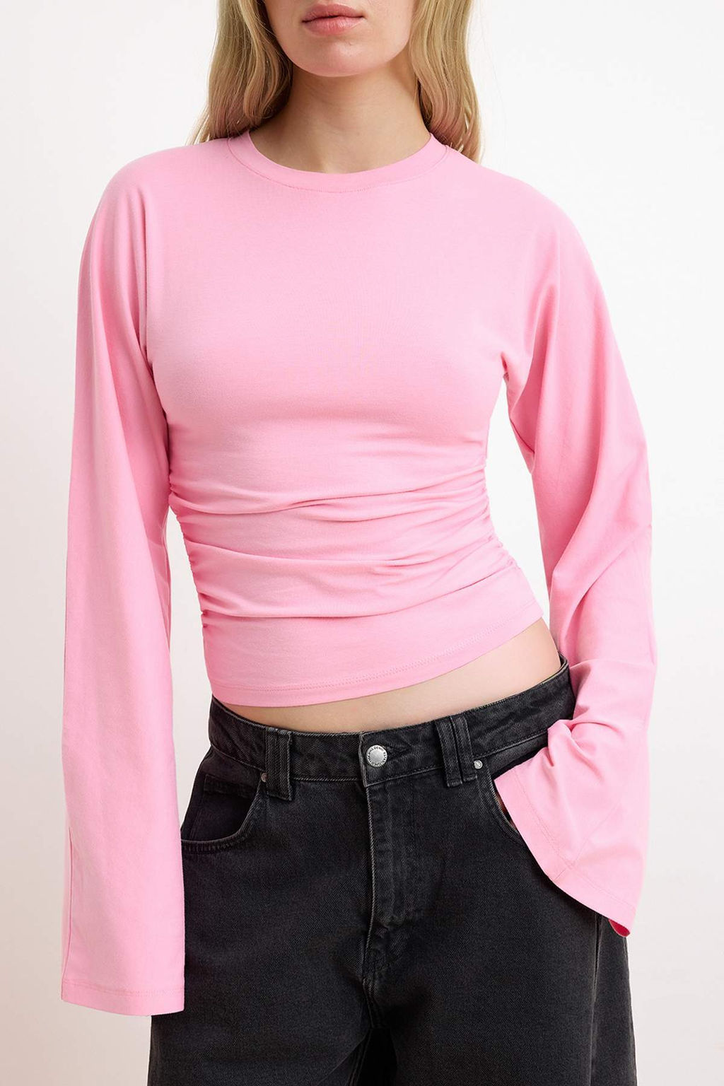 Pembe Ispanyol Kol Buzgu Detayl? Regular/Normal Kal?p Orme Bluz TWOAW26BZ00293